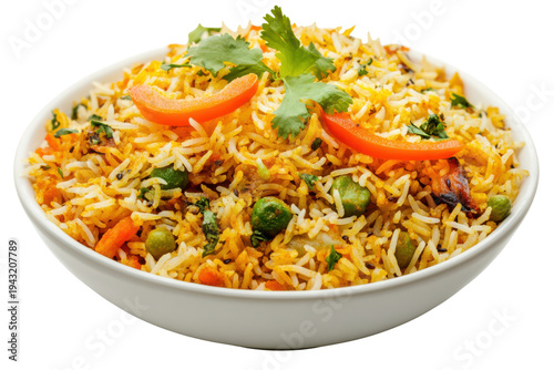Colorful Vegetable Pilaf Rice Bowl With Carrots Peas Coriander And Spices In White Dish, Isolated On Png Transparent Background