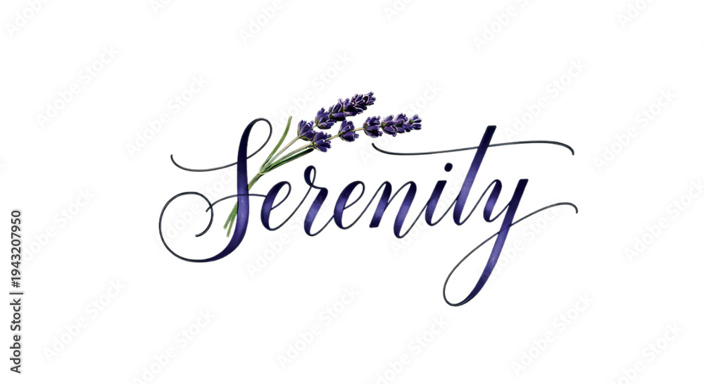 Obraz premium Elegant calligraphy spelling 'Serenity' adorned with delicate lavender sprigs.