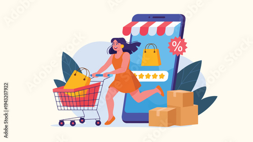 A smiling woman runs with a shopping cart next to a large mobile phone displaying online sales