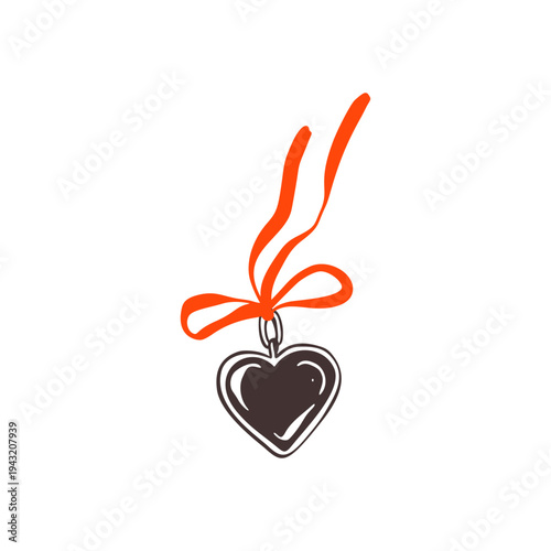 Hand drawn doodle crayon heart shape locket on pink coquette ribbon. Romantic love pedant, cameo with red whimsical bow. Valentines Day, wedding, bachelorette, girly birthday party design element