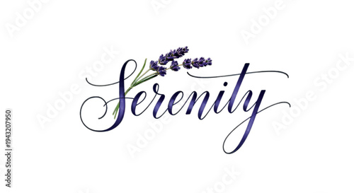 Elegant calligraphy spelling 'Serenity' adorned with delicate lavender sprigs.