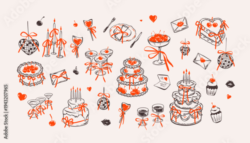 Set of crayon handdrawn birthday celebration dinner design elements. Whimsical coquette sketch doodle drawings. Watercolor desserts for girly feminine bachelorette party, romantic love dinner table