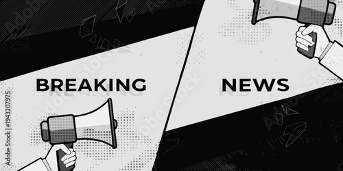 Breaking news graphic with megaphones and shattered glass elements
