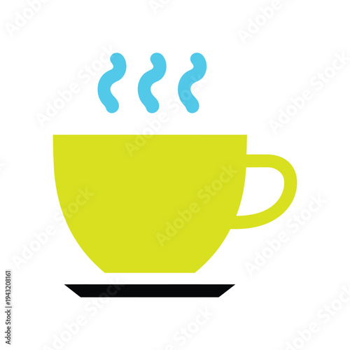 A vibrant yellow cup on a black saucer with blue steam rising in a simple vector icon illustration