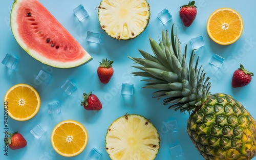 Fresh Tropical Fruits with Ice on Blue Background