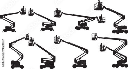 Black silhouette set of articulated boom lifts with workers in baskets, aerial work platforms in various extended poses, construction access equipment vector collection