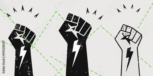 Three raised fists with stars and lightning bolts against a dotted background