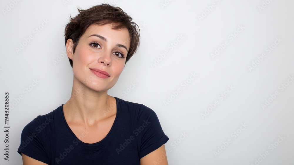 Fototapeta premium Young woman with short brown hair smiling, posing confidently on a simple white background, looking directly at the camera, portraying a sense of optimism and natural beauty