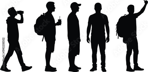 Collection of male traveler silhouettes with backpack isolated on white background, hiking tourists standing, drinking water, taking photos, adventure travel and outdoor lifestyle concept