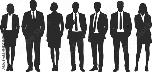 Group of business people silhouettes standing in a row, professional men and women in formal suits and ties isolated on a white background.