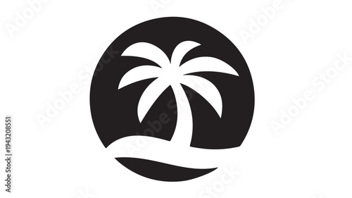 Palm tree icon with stylized island and ocean wave in a circle, minimalist black and white design, tropical silhouette.