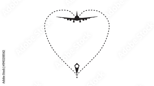 Airplane silhouette flying in a dotted heart-shaped path with a location pin symbol featuring aircraft, flight, journey with travel and aviation