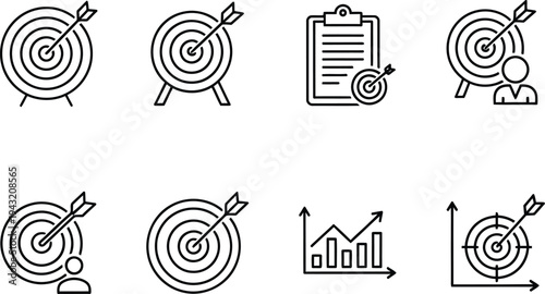 A collection of black and white line art icons related to targets and goals