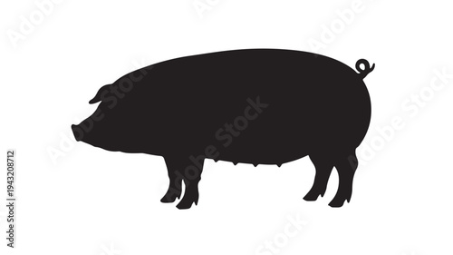 Pig silhouette on white background, profile view, black and white, domestic animal symbol, simple clean shape.