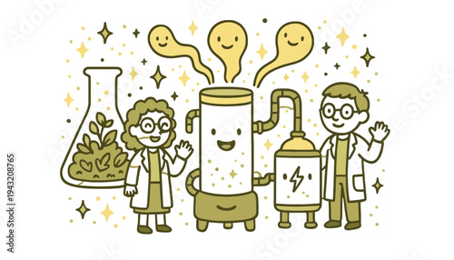 A scientist and engineer in lab coats standing with cartoon laboratory equipment