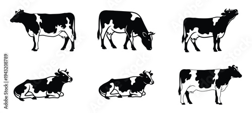 Six black and white cow illustrations in various poses