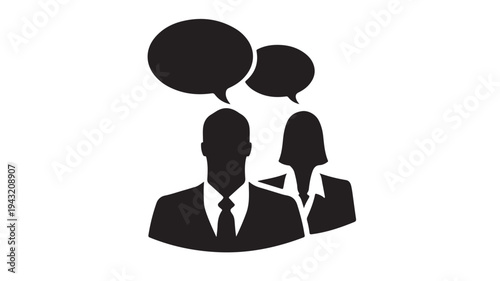 People silhouettes with speech bubbles showing communication between two individuals in business attire.