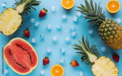 Fresh Tropical Fruits with Ice on Blue Background