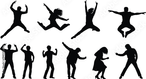 Collection of energetic people silhouettes jumping, dancing and celebrating isolated on white background, dynamic human poses expressing joy, freedom, movement and active lifestyle concept