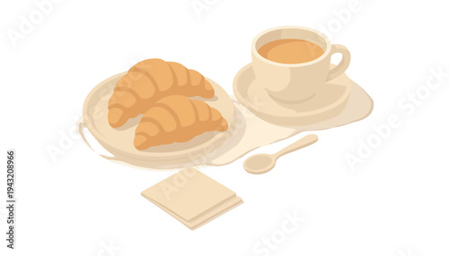 A cup of coffee with croissants on a plate and napkin