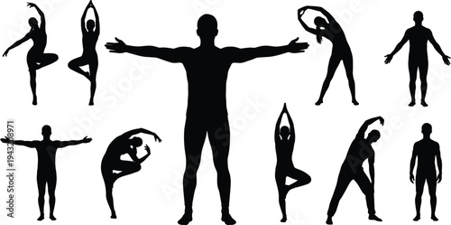 Collection of human body stretching and yoga silhouettes isolated on white background, fitness exercise poses showing flexibility, balance, wellness, healthy lifestyle and body movement