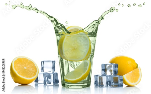 Lemon Water Splash with Ice Cubes and Fresh Lemons