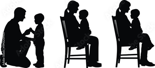Father and child silhouettes interaction set, parent kneeling and sitting with kid on chair isolated on white background, family bonding concept illustration