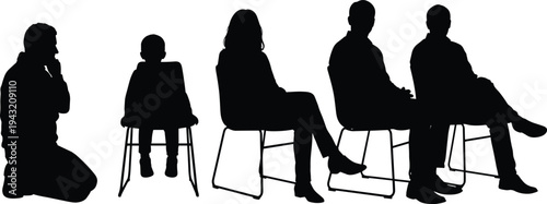 People sitting and kneeling silhouettes collection, men women and child seated on chairs isolated on white background, social group waiting concept illustration