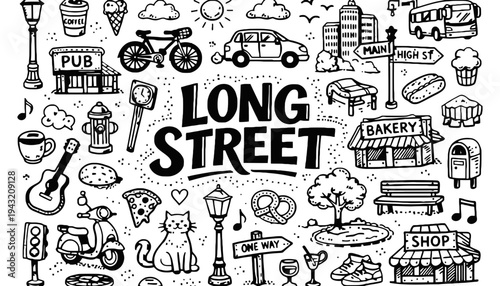 Long Street illustration with various city icons and objects