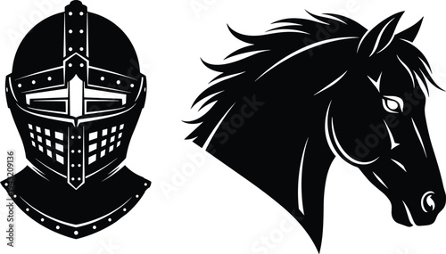 Medieval knight helmet and noble horse head vector silhouette illustration symbolizing chivalry, heraldry, strength, courage, honor, tradition, and power