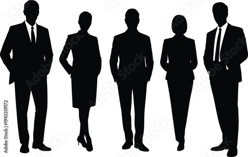 Full length black silhouettes of professional business people wearing formal suits and ties standing in a row isolated on a white background.