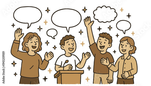 A group of people illustration standing at a podium with speech bubbles