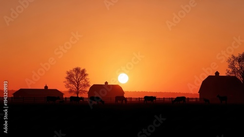 Silhouetted farm scene at sunrise, cattle graze near barns. Orange and red hues dominate