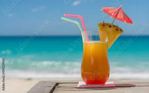 Piña Colada Cocktail on Tropical Beach with Pineapple Garnish