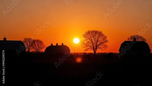Silhouetted farm buildings, trees, and animals stand before a fiery sunset