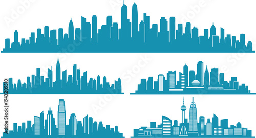Modern city skyline silhouette set with teal blue urban skyscrapers and metropolitan buildings vector collection for architectural design and global cityscape graphic backgrounds.