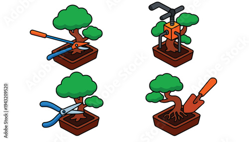 Tree vector illustrations with various gardening tools and pruning techniques