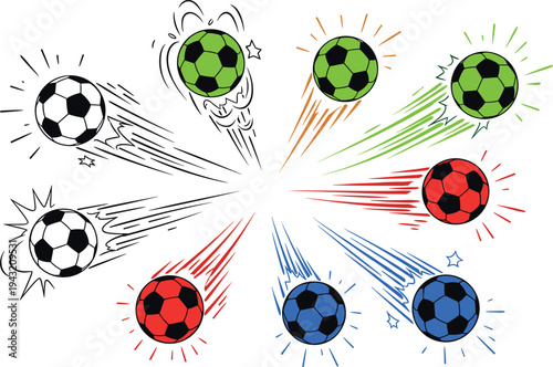 Flying soccer balls with colorful motion trails dynamic football sport action vector illustration set