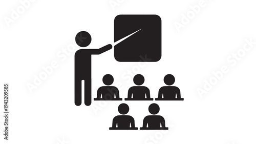 Teacher pointing at a screen with students watching, pictogram style, educational context, presentation, learning, audience interaction