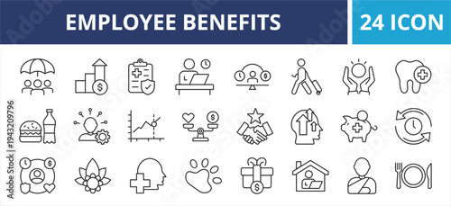 Employee Benefits web banner icon set outline multistyle vector illustration of benefits, line icons, including social security, work-life balance, pay raise, insurance, wellness, compensation