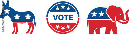 Vector illustration set of United States election symbols featuring democratic donkey, republican elephant, and vote badge for political campaigns, patriotic design, and voting awareness banners.