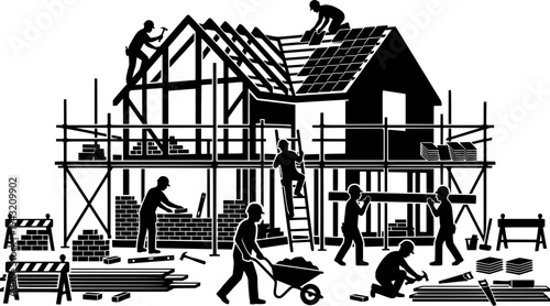 Community House Building Vector - Black White People Construction Habitat Service Tools Materials Volunteer Shelter Illustration on White Background
