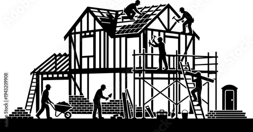 Community House Building Vector - Black White People Construction Habitat Service Tools Materials Volunteer Shelter Illustration on White Background
