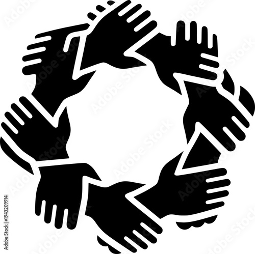 Interlocking Hands Chain Vector - Black White Geometric Minimalist Community Connection Strength Unity Link Pattern Illustration on White Background
