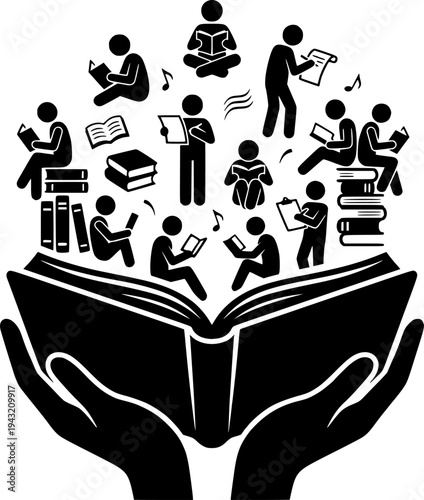 Hands Book Education Vector - Black White Literacy Community Service Knowledge Sharing Reading Learning Line Art Illustration on White Background
