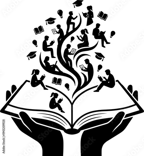 Hands Book Education Vector - Black White Literacy Community Service Knowledge Sharing Reading Learning Line Art Illustration on White Background
