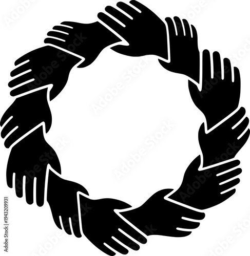 Interlocking Hands Chain Vector - Black White Geometric Minimalist Community Connection Strength Unity Link Pattern Illustration on White Background
