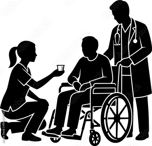 Medical Volunteer Elderly Care Vector - Black White Healthcare Community Service Support Dignity Compassion Helping Illustration on White Background
