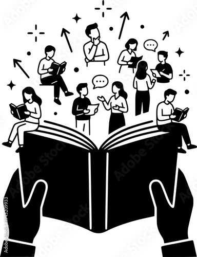 Hands Book Education Vector - Black White Literacy Community Service Knowledge Sharing Reading Learning Line Art Illustration on White Background
