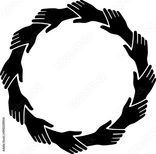 Interlocking Hands Chain Vector - Black White Geometric Minimalist Community Connection Strength Unity Link Pattern Illustration on White Background
